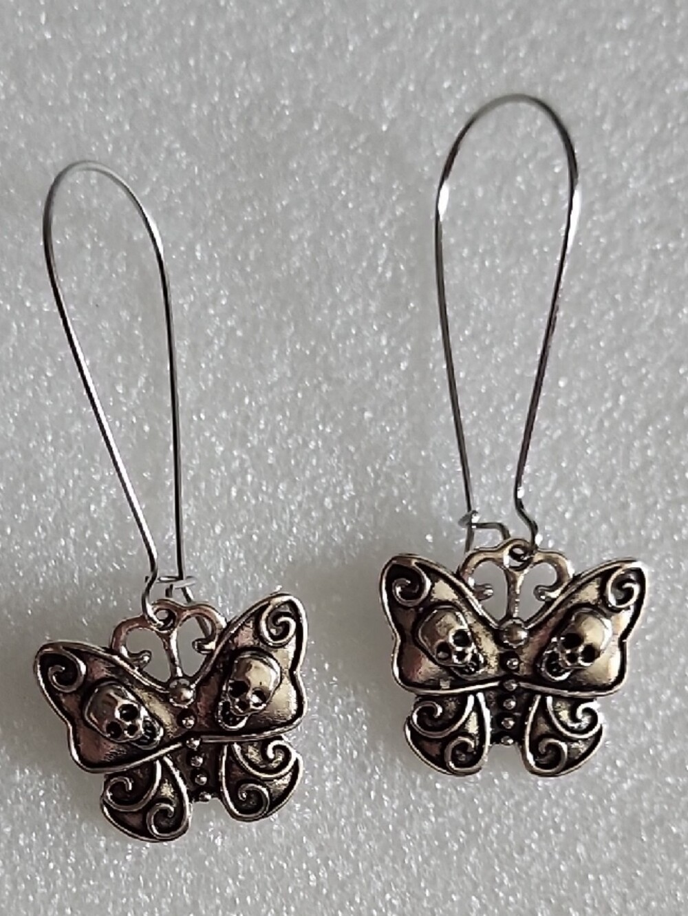 Hand Crafted Silver-Tone Skull Butterfly Drop Earrings